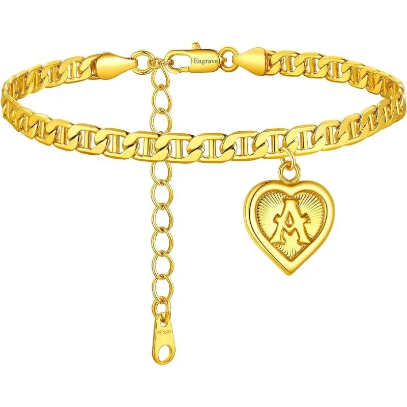 Initials Letters Embossed 14K Gold Plated Copper Heart Charm Ankle Bracelet Mariner Chain Anklet For Woman Summer Jewelry QC24