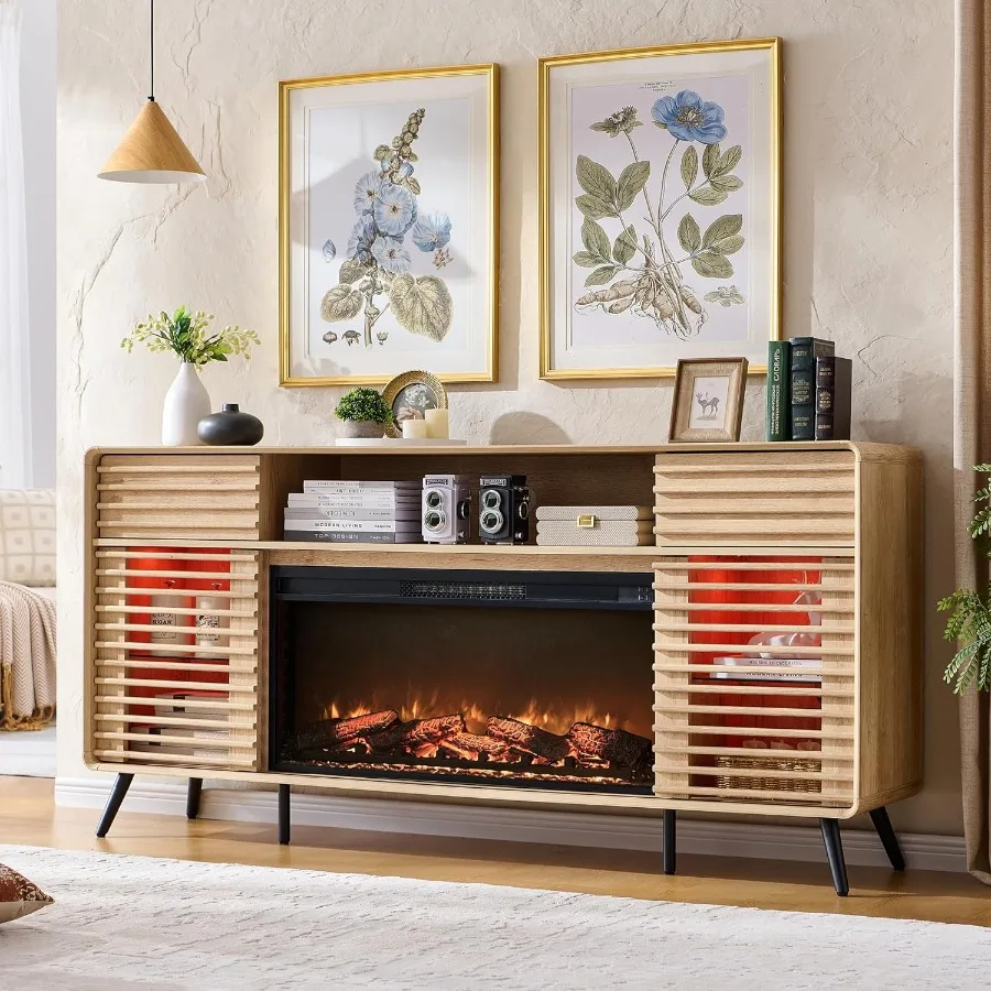 

Каминная подставка под телевизор для 80-дюймового телевизора Современный развлекательный центр середины века с 36 светодиодными лампами для электрического камина Wood Media Cons