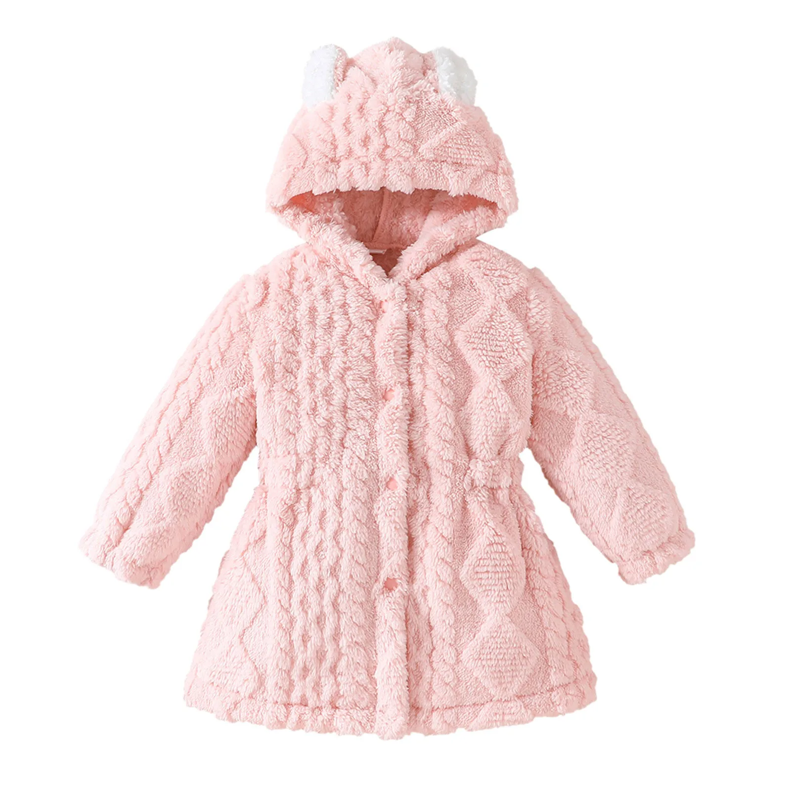 Kids Girls Cardigan Jacket Autumn Winter Argyle Textured Pattern Hooded Irregular Hem Buttons Fleece Oversized Outerwear Coat