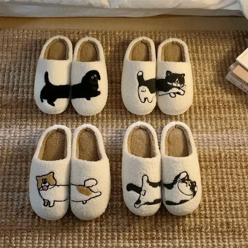 

Couples Indoor Slippers for Men Women 2025 Winter Adult Warm Animal Black Cat Furry Slippers Non-slip Dog Floor Cotton Shoes