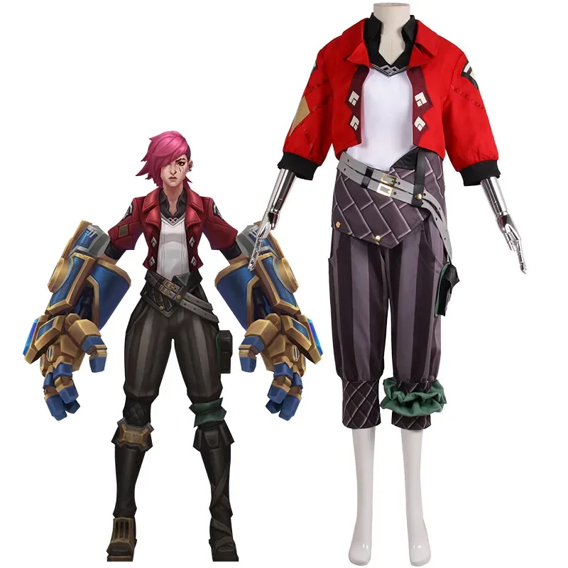 Anime arcane League of Legends Jinx's sister VI cosplay costume set Men Women red jacket pant shirt pink wig full set Halloween