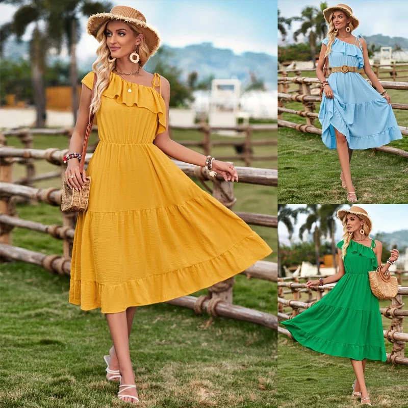 

SHAN-2024Summer Casual Fresh Women's Independent Stand Shoulder Pure Color Ruffles Waist Dress