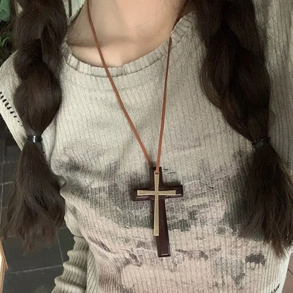 Handmade Wooden Cross Pendant Unisex Design Cross Collar Rear View Mirror Charm Blessing Sweater Chain Religious Accessories