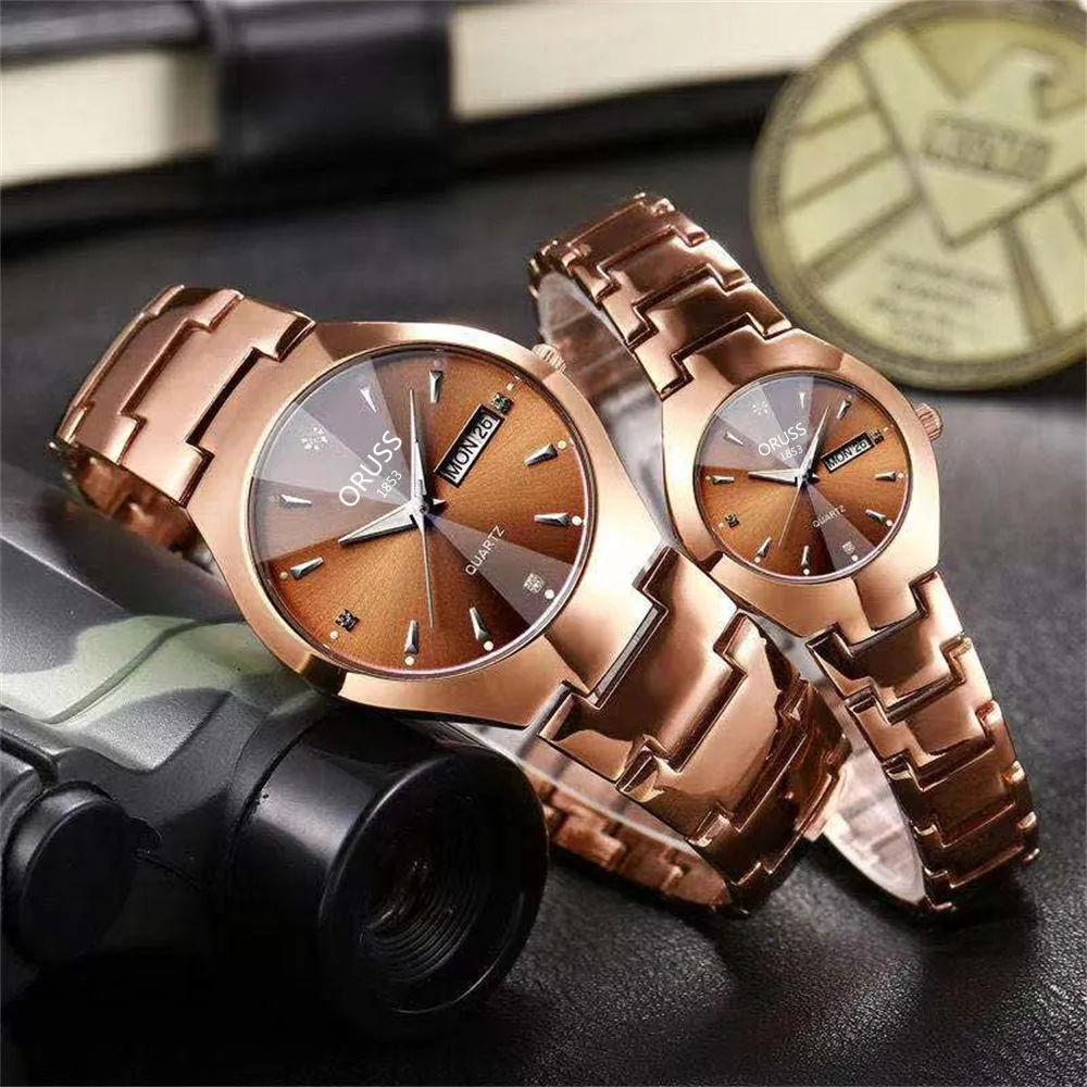 Couple Watches A pair of romantic upscale fashion all-in-one personality dual calendar durable steel belt casual business watch