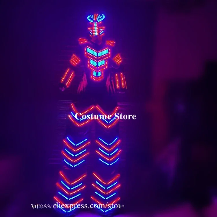 Piosenkarz barowy występuje w kostiumie robota LED, chodzący na sztyach, kostiumy sceniczne, kolorowe światło RGB LED, męska odzież, świecąca zbroja, ubrania DJ LED.