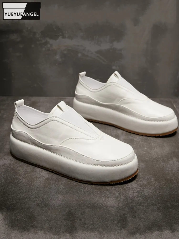 

New Men Casual Slip On Horsehide Genuine Leather Thick Platform Shoes Flats Comfortable Designer Man Fashion Skateboard Shoes