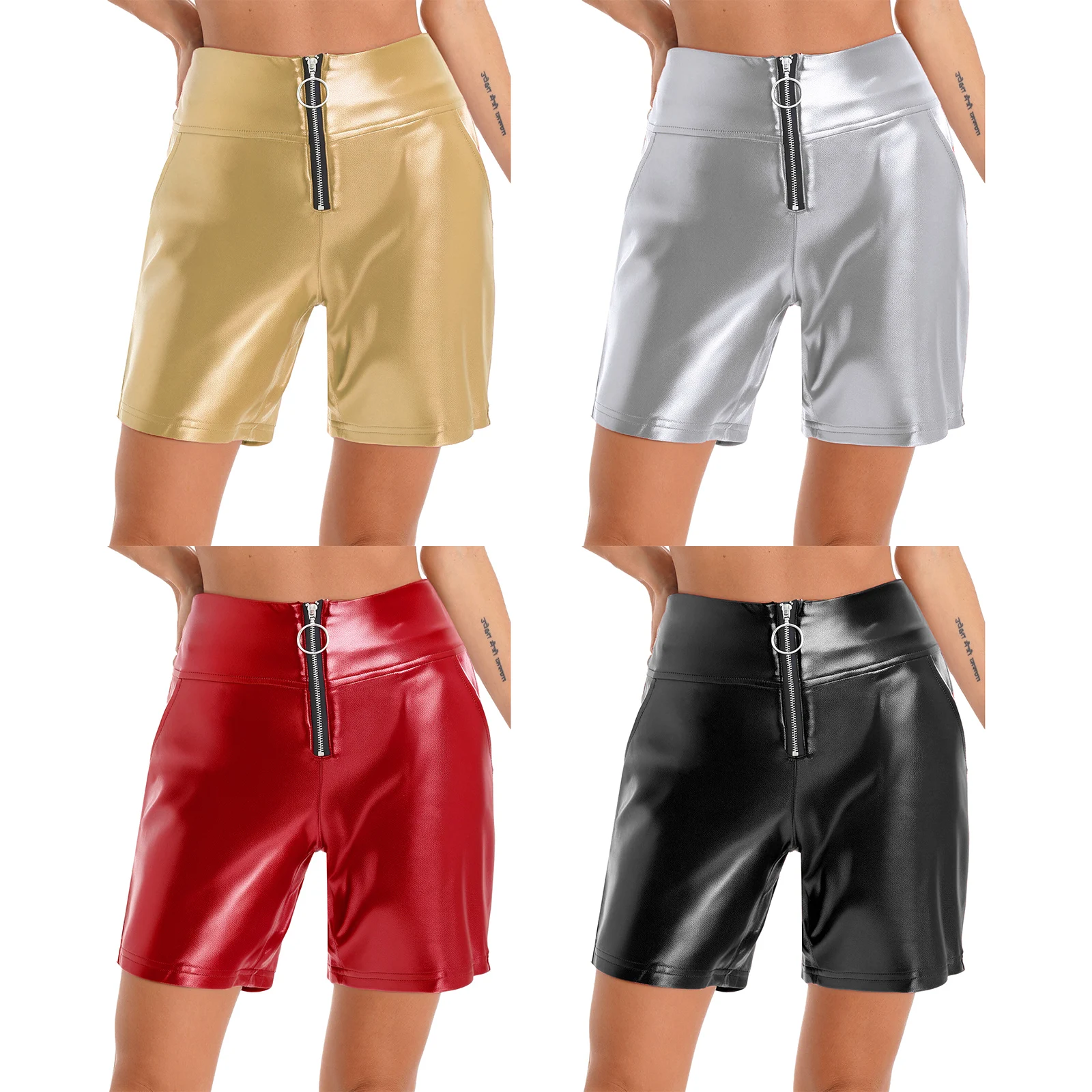Women Metallic Fashion Biker Shorts Shiny High Waist Zipper Pockets Bodycon Short Leggings Tights Motor Riding Dance Club Shorts