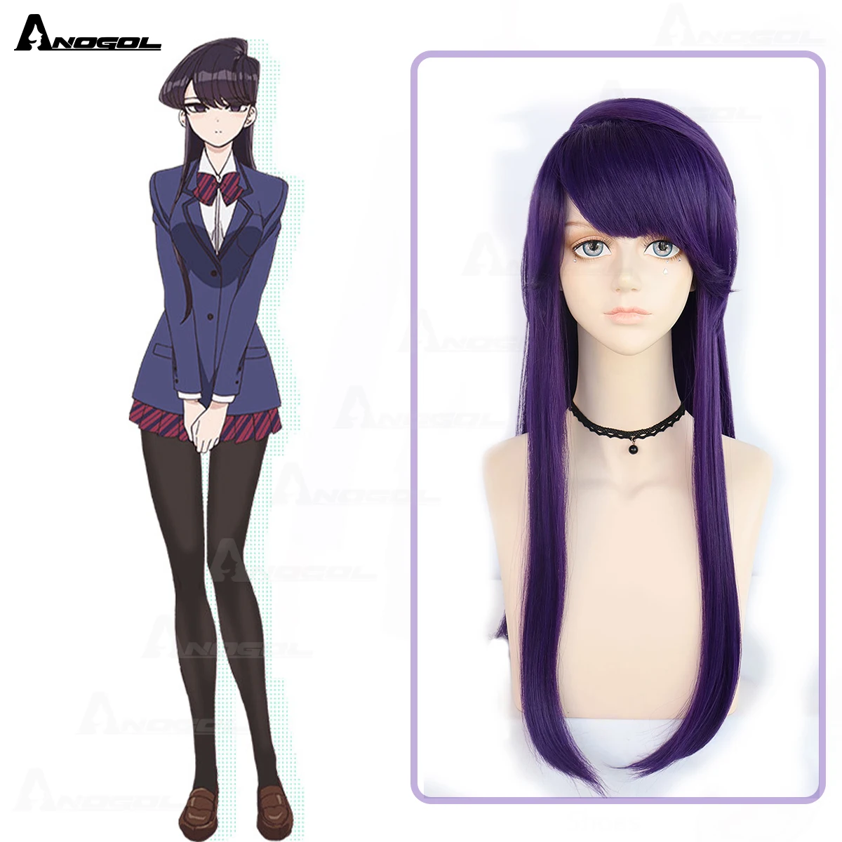 AN Systheic Wigs Shouko Komi Cos Wig Anmie Komi Can‘t Communicate Cosplay Wig 28IN Long Purple Hair with Bangs Wigs For Women