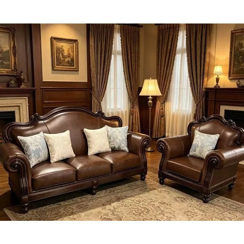 Classic American retro country French all-solid wood leather sofa, three-person small apartment