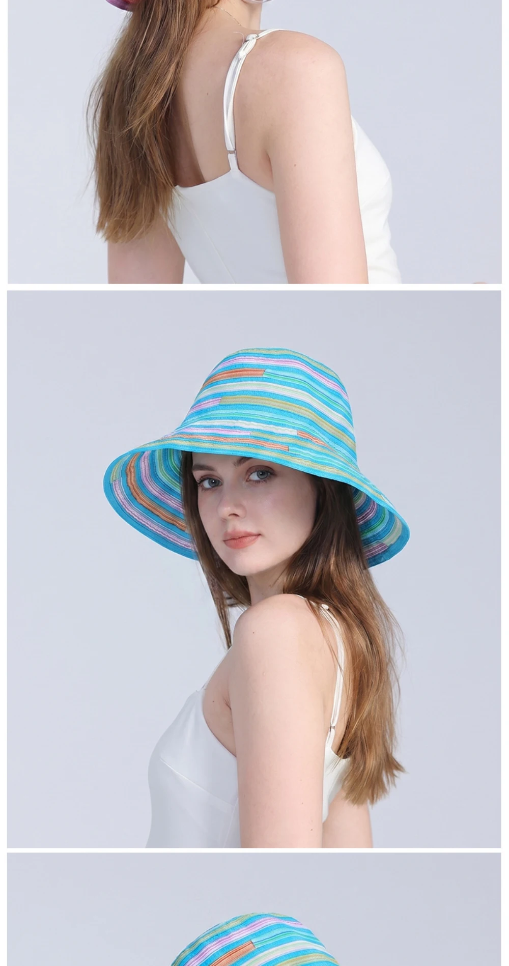 HT5134 Frühling Sommer Sonnenhut für Damen, faltbarer Strandhut mit breiter Krempe, UV-Schutz, Bucket Cap, 2026 Neu, bunter Damen-Bucket-Hut – Detail 6