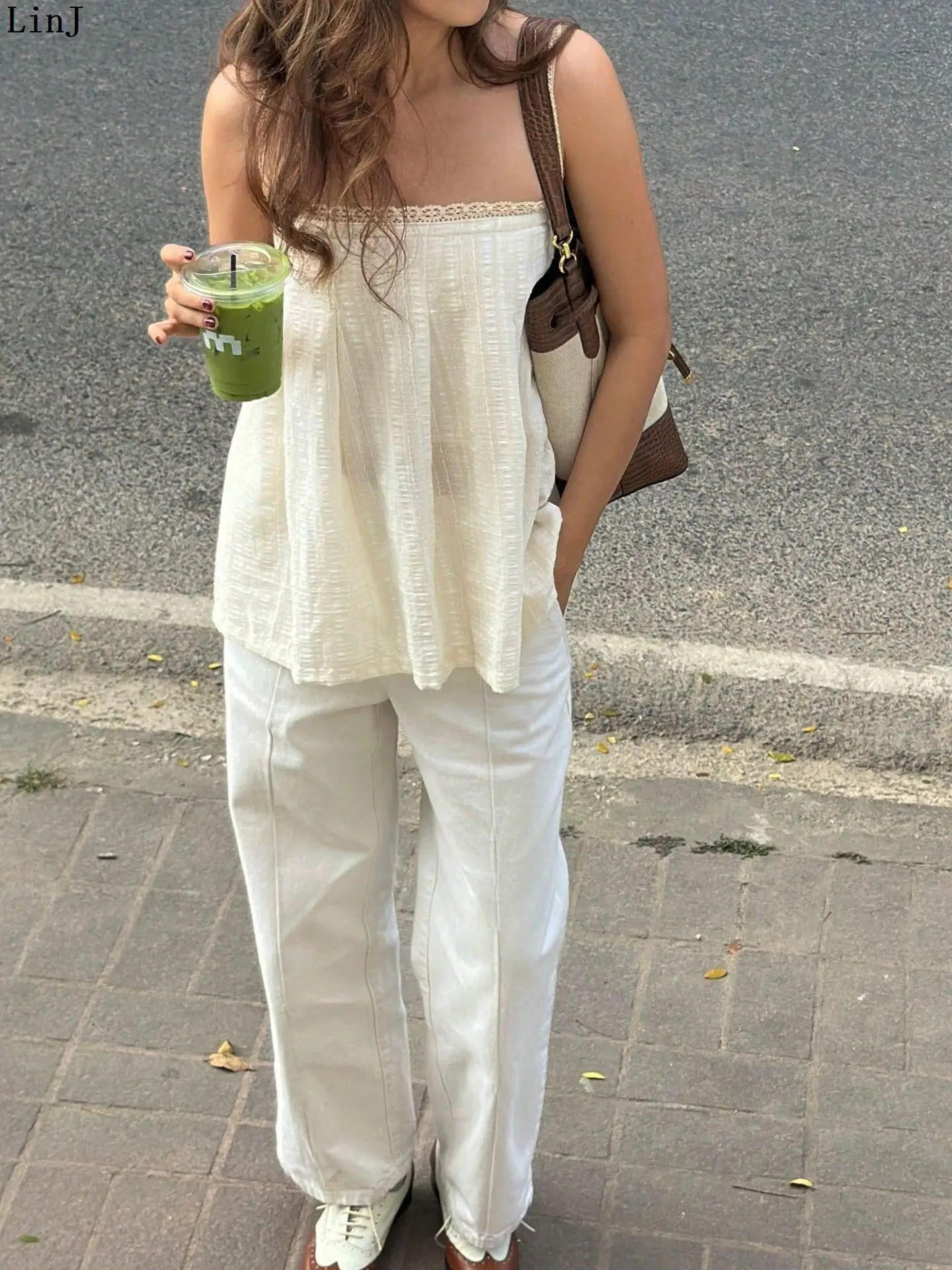 Summer Vacation Women's Lace Trim Halter Neck Soft Casual Top European Style 3D Polyester A-Line Narrow Strap Vest Citywalk