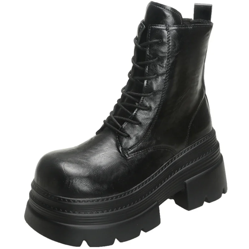 

8.5CM Women High Platform Boots Gothic Leather Punk Shoes Female Ankle Short Combat Boots Wedge Heels Chunky Motorcycle Boots