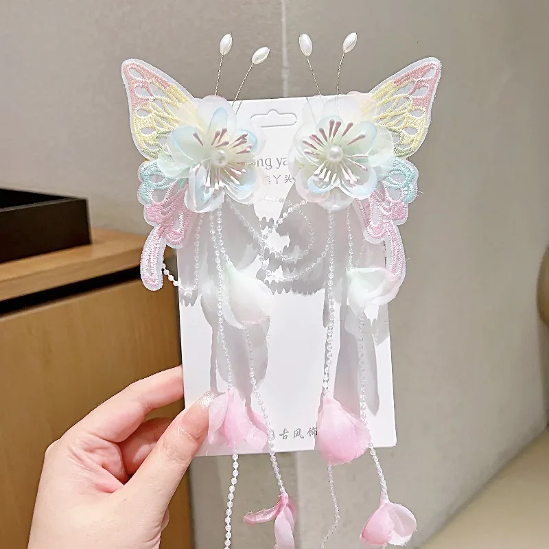 1 زوج طفل الفتيات Hanfu أغطية الرأس فراشة الشريط شرابة دبوس الشعر للأطفال النمط الصيني مشبك شعر إكسسوارات شعر الأميرة