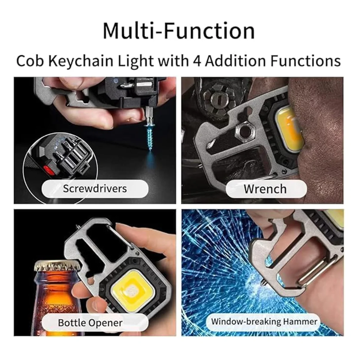 ABNJ Keychain Working Rechargeable Flashlight, 4-in-1 Screwdriver Wrench 1 Bottle Opener 1 Window Opener for Camping