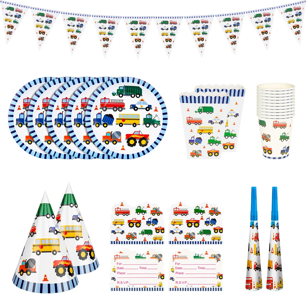 125 Stück technische Fahrzeuge, Gabelstapler, Bau-Themenpartys, Pappteller, Tischdecken, Banner, Geburtstagsdekorationen, Zubehör