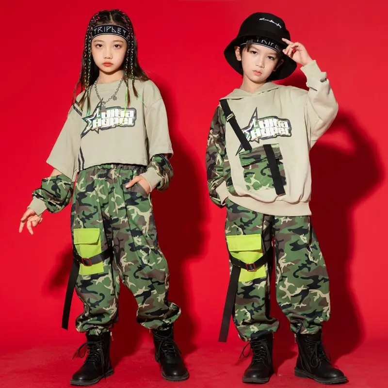 Girls Boys Hip Hop Clothing Straps Hoodie Sweatshirt Crop Top Camo Casual Jogger Cargo Pants for Kid Jazz Dance Costume Clothes