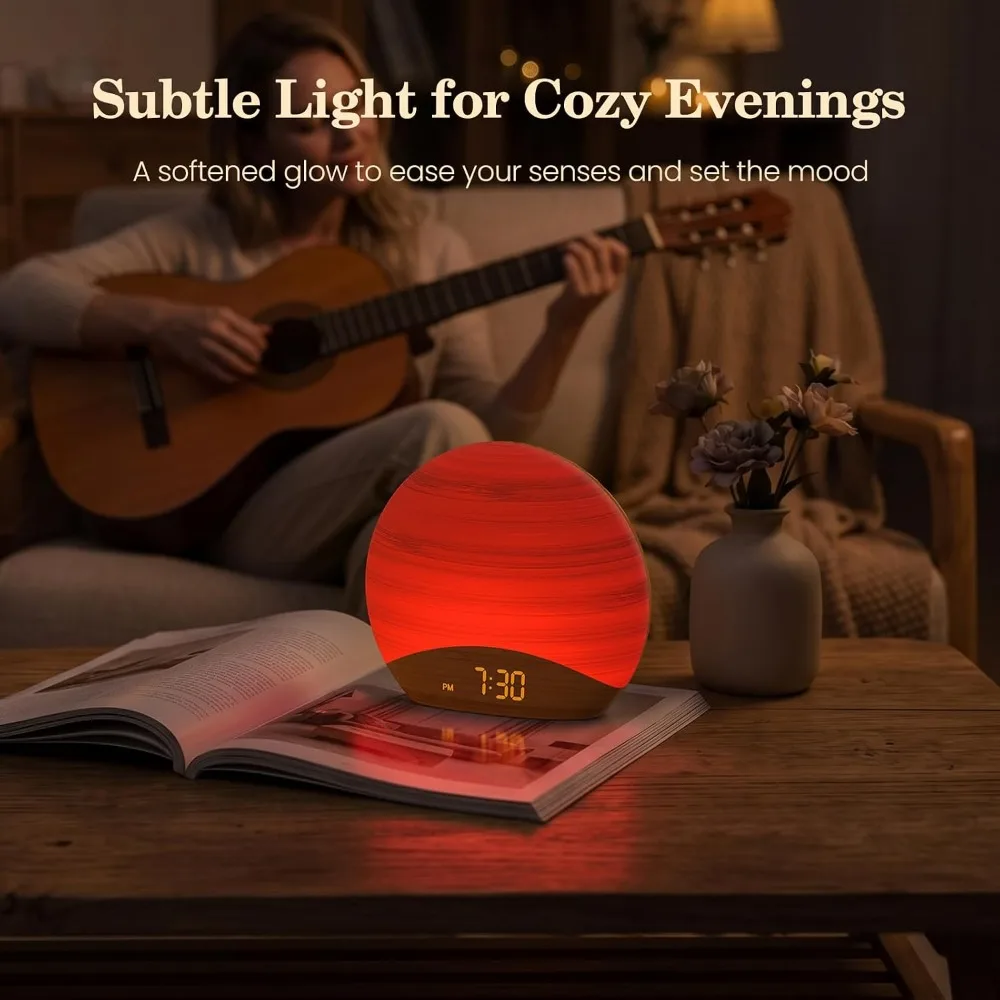 Natural Wood Grain Sunrise Alarm Clock, 26 Soothing Sounds, Dimmable Night Light for Baby Kids Adults view 5