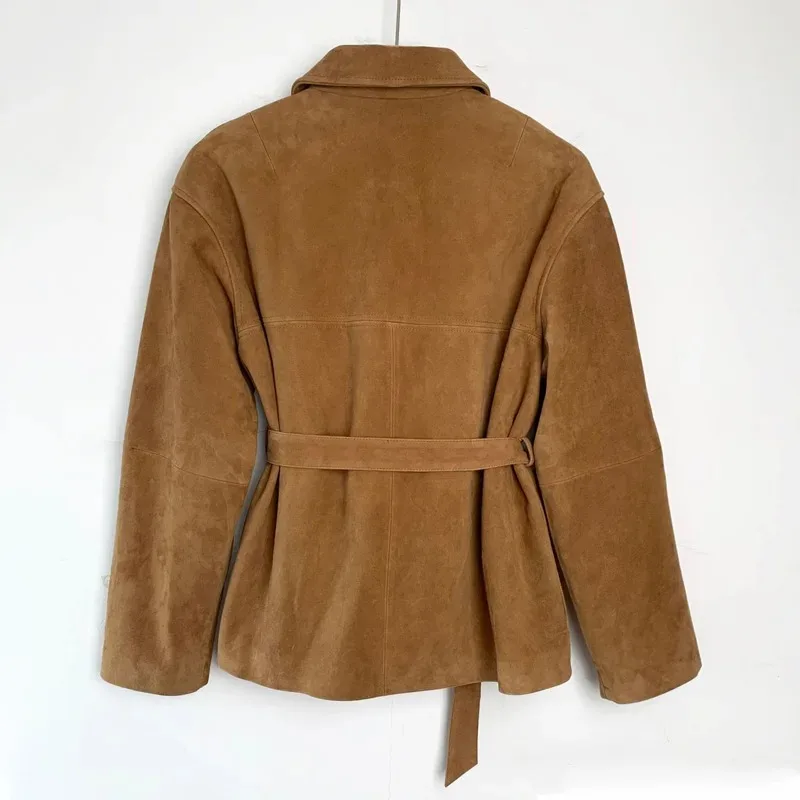 Giacca in pelle scamosciata per bambini retrò di fascia alta per donna Cappotto lungo monopetto con collo quadrato ramato con cinturino Capispalla femminile