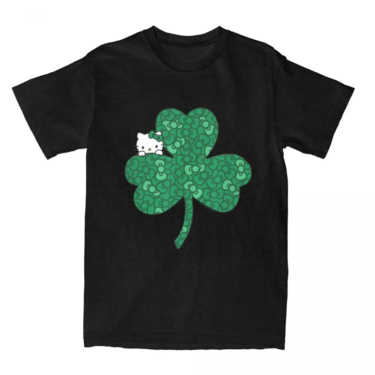 Mens T-Shirt Hello Kitty Clover Bows Saint Patrick's Day T Shirts Novelty Beach Tees Streetwear Casual 100% Cotton Clothing Gift