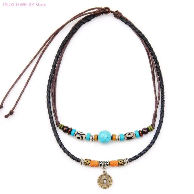 Vintage-Halskette mit Münzanhänger, schlicht, Boho-Stil, mehrlagig, türkisfarbene Perlenkette, Schmuck, Urlaub für Frauen, Ehefrau, Damen und Mädchen – Detail 5