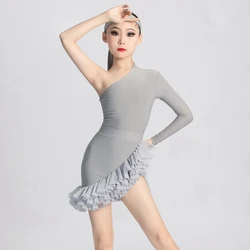 Kids Performance Dancing Costume Girls Single Sleeve Gray Latin Dance Dress Stage Samba Chacha Rumba Salsa Dance Clothing SL9880