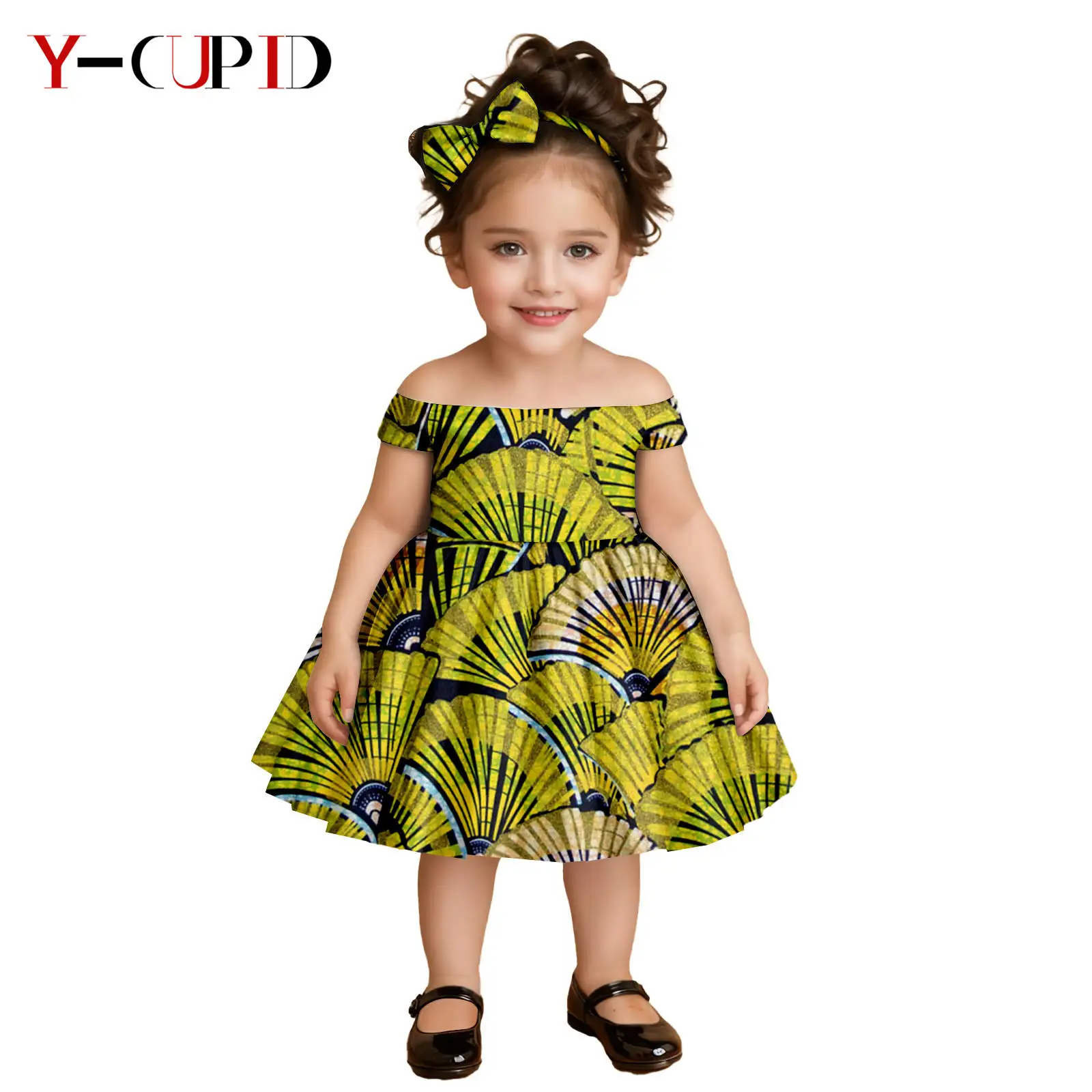 

African Clothes for Kids Girls Ankara Print Slash Neck Dresses Match Bowtie Headband Bazin Riche Children Party Dresses 2545019