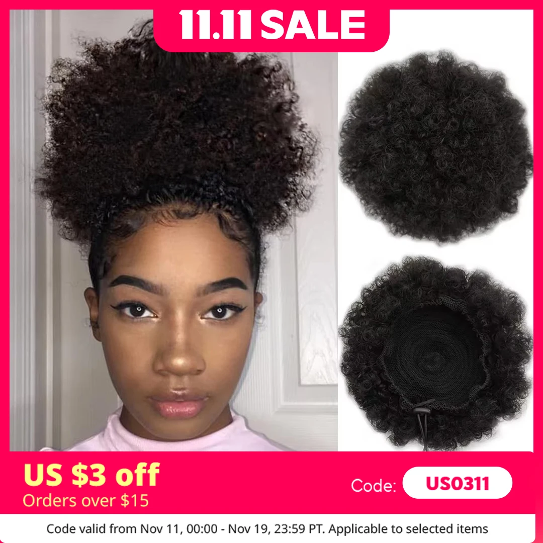

100% Human Hair Afro Kinky Puffs Drawstring Ponytail Extensions for Women 4# 99J 30 Kinky Curly Afro Puff Hair Accessories