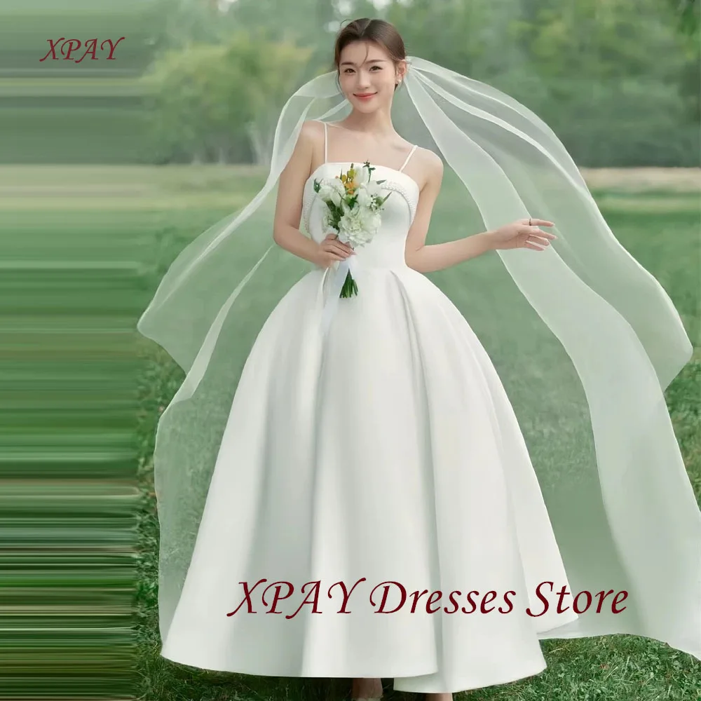 

XPAY Simple Thick Satin Wedding Dresses Spaghetti Straps Korea Photo shoot Puff Skirt Ankle Length Bride Gowns Customized Veil