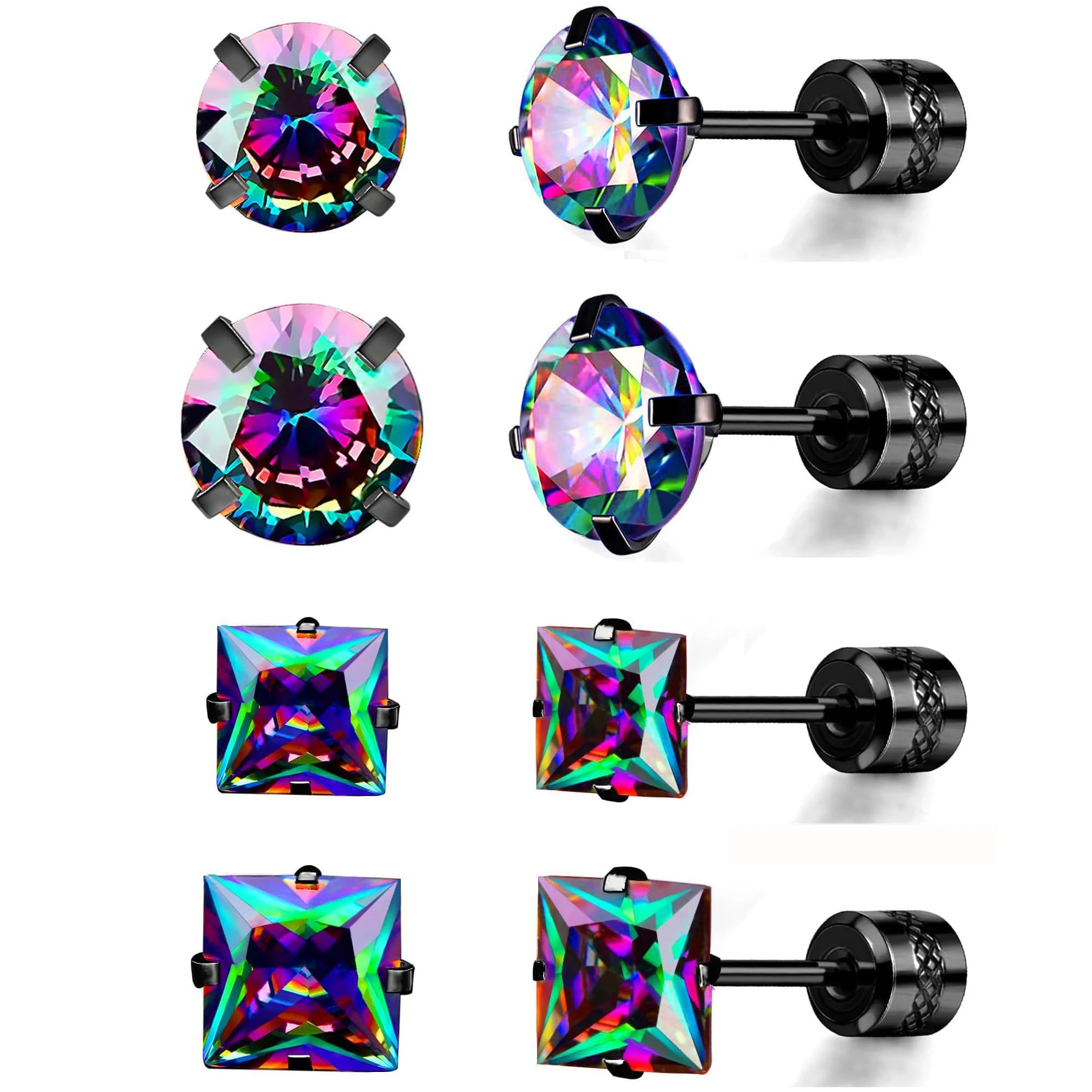 2/4 Pairs Stainless Steel Double Side Square Round Rainbow Cubic Zirconia Screw Back Stud Earrings Set for Women Men Ear Jewelry