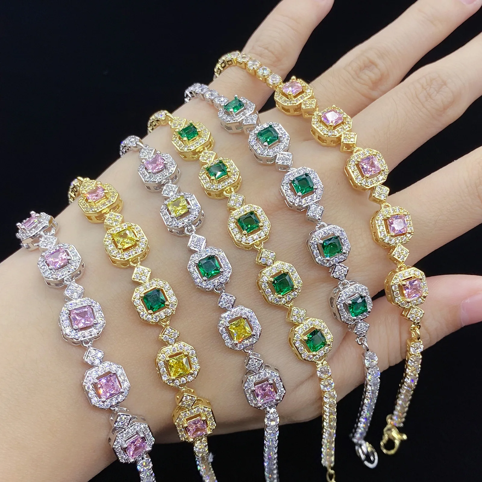

High-end simulation color tourmaline princess square full diamond bracelet femininity fashion jewelry
