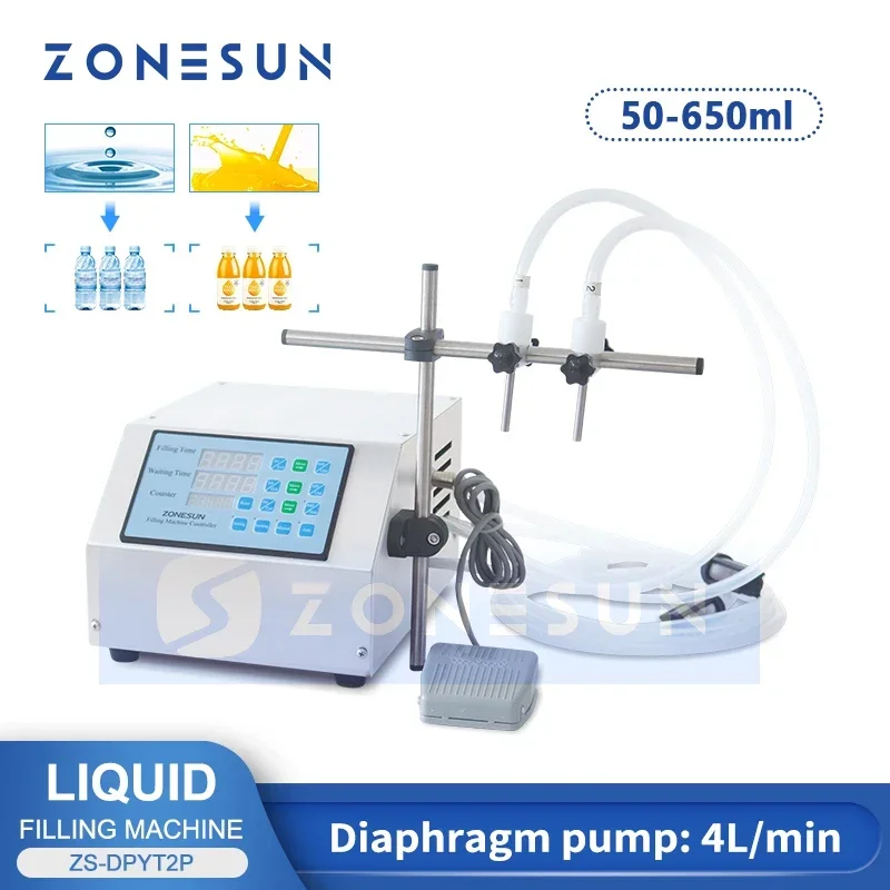 

ZONESUN ZS-DPYT2P Semi automatic Juice Milk Beverage Liquid Filling Machine Water Bottle Container Small Vial Filler ZS-DPYT2P