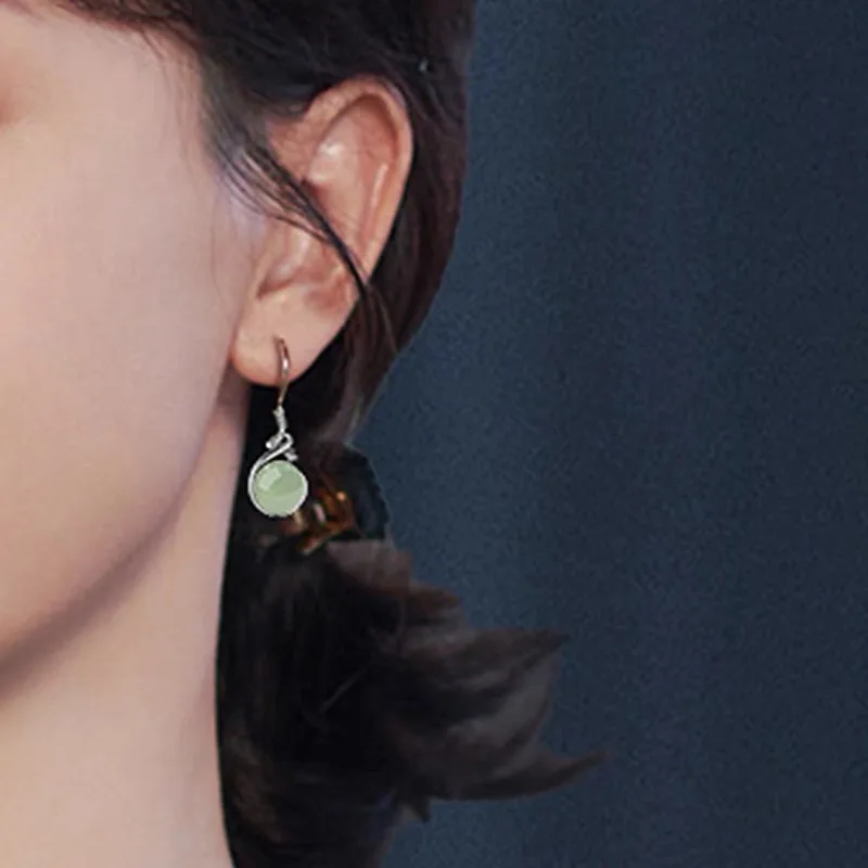 PANJBJ 925 Sterling Silber Jade Tropfen Ohrring für Frauen Zirkon Runde Klassische Gnade Ethnischen Schmuck Jahrestag Geschenk Dropshipping – Detail 8
