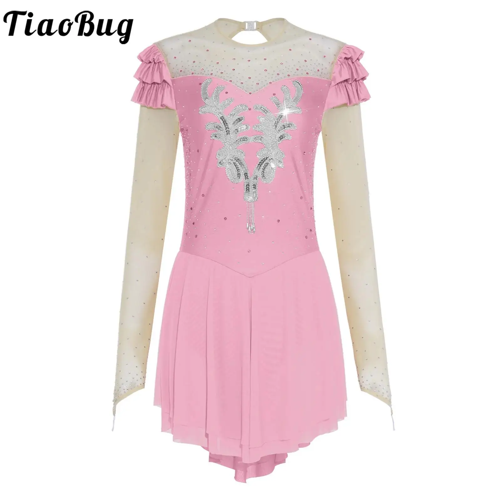 

Women Figure Skating Lyrical Ballet Bodysuit Dress Sequined Applique Rhinestone Mesh Long Sleeve Skating Dress Performance Dress