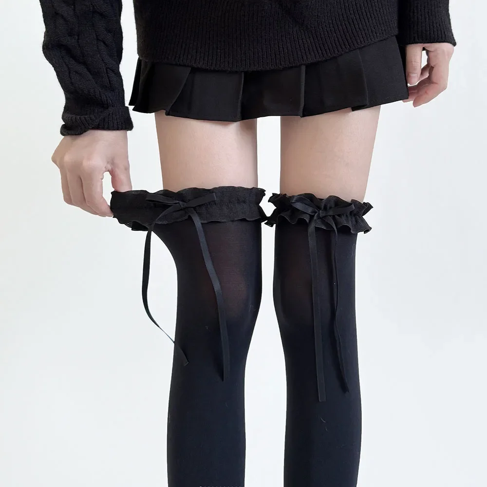 1 paire printemps été femmes bas doux dentelle nœud cuisse haute bas Style japonais Lolita filles Kawaii sur genou chaussettes hautes