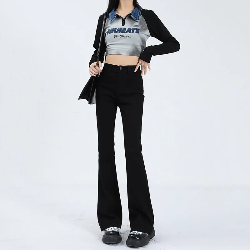 جينز نسائي أسود مبطن بالصوف على شكل جرس سفلي لخريف وشتاء 2025 سروال واسع على شكل حدوة حصان عصري بقصة ضيقة وسميك ودافئ