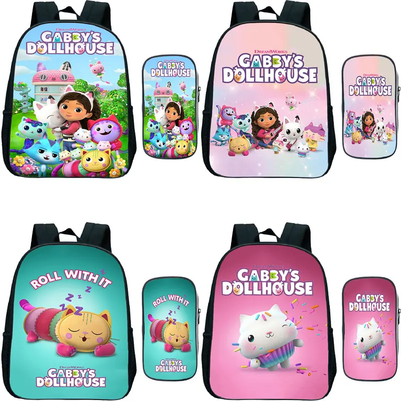 

Gabbys Dollhouse Backpack Pen Bag 2 Pcs/Set Kindergarten Bags Cartoon Anime School bags Kids Rucksack Children Bookbag Mochilas