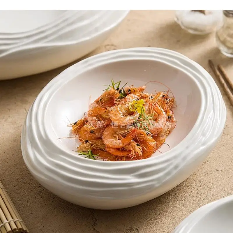 Ceramic Dinner Plate Irregular Texture Thick Soup Dessert Pasta Plates Restaurant Specialty Tableware