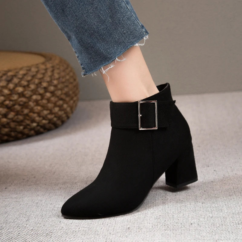 Black Ankle Boots Heels Pointed Toe Fashion Warm Casual Ankle Women\'S Strap Women\'S Boots Women Boots Botas De Mujer