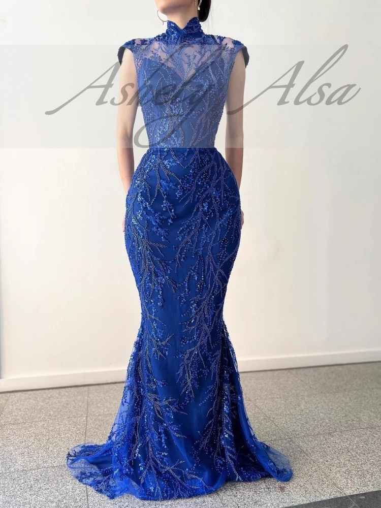 Vestido de noche elegante personalizado para mujer, azul real, con falda desmontable, cuentas, sirena, largo, Formal, para ocasión, fiesta de graduación