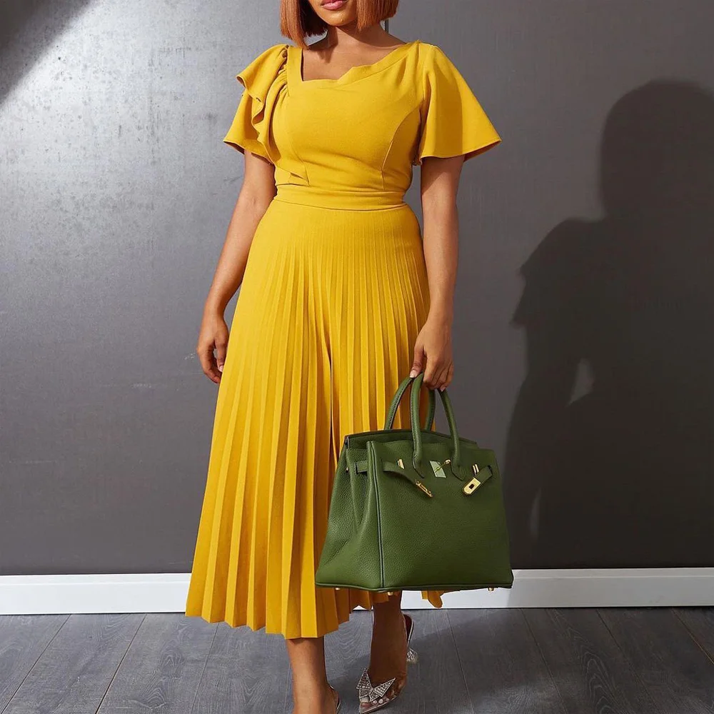 

Elegant Pleated Long Dresses for Women Skew Collar Ruffles Sleeve Solid Ankle Length Female Birthday Party Dinner Vestidos Mujer