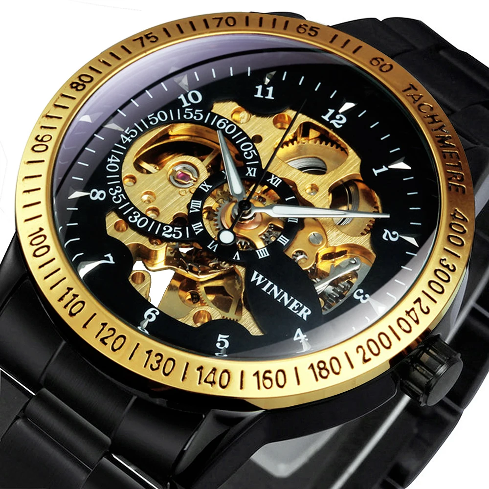 WINNER Military Skeleton Automatic Men Watch Steampunk Sports Mechanical Watches Luxury Gold Stainless Steel Strap Luminous Hand