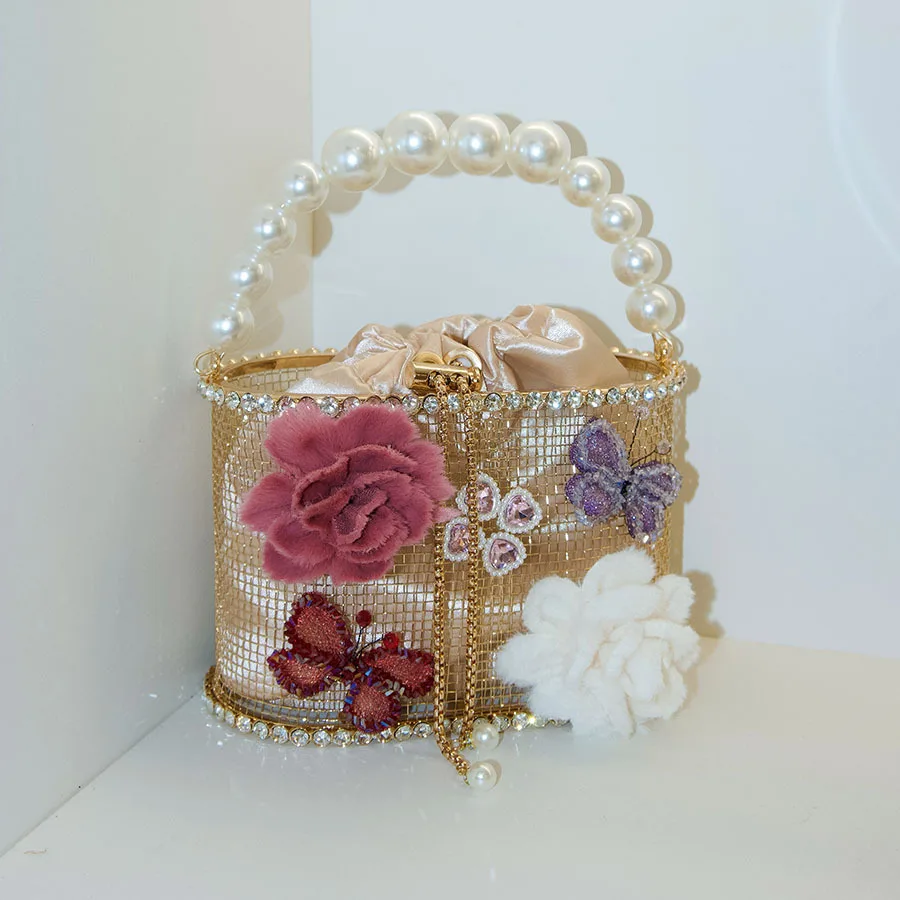 Metallische Blumen-Perlen-Handtasche, Glänzender Wasserdiamant-Gemüsekorb, Vogelkäfig-Bankett-Eimer-Umhängetasche – Detail 4