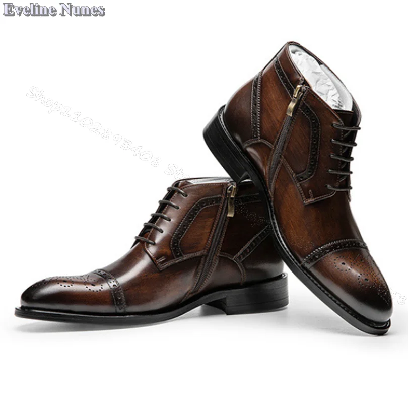 

Brown Bullock Carved Men Boots Side Zipper Lace up British Style Design for Men Party Ankle Boots Size 37~44 Zapatillas Mujer