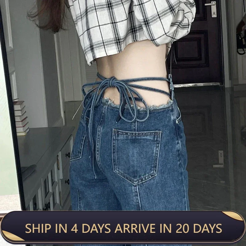 High Waisted Straight Leg Jeans For Women's Summer New Style Spicy Girl Tie Up Design Niche And Slim Hanging And Wide Leg Pants