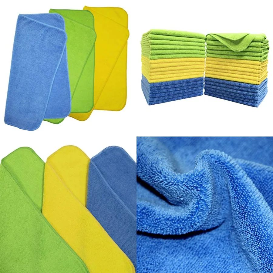 

Premium Microfiber Cleaning Towel,16x16 in 36 Pack (Blue,Green,Yellow) Use wet or dry and with or without cleaners 100’s of times; machine wash as needed Clean, dry, and polish, to a lint free and streak free shine in your vehicle, home or office