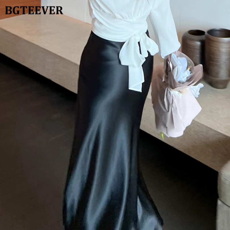 BGTEEVER élégant côté fendu femmes jupes en Satin élégant taille haute dames paquet jupes de hanche printemps été