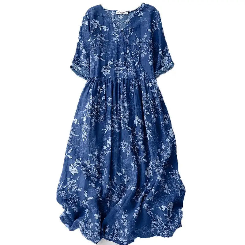 Boho Chic Ramie Sommerkleid Damen 2025 – Luftiges, knielanges, marineblaues Strandkleid mit Blumendruck, Resort Wear G331