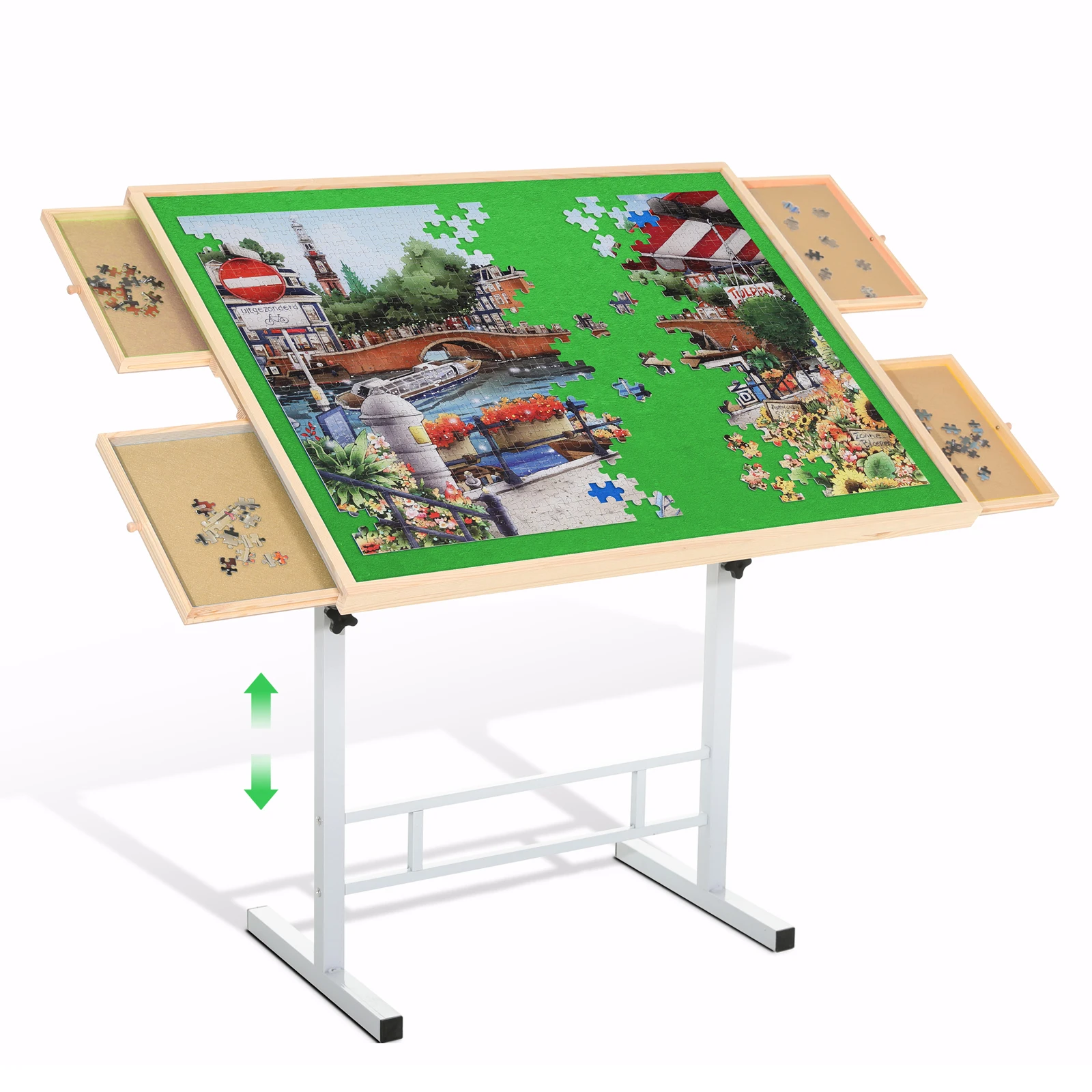 Table de puzzle avec pieds en métal, hauteur d'inclinaison réglable, 35x26 pouces, 4 tiroirs, capacité de 1500 pièces, conception ergonomique, soulagement des douleurs au cou et au dos