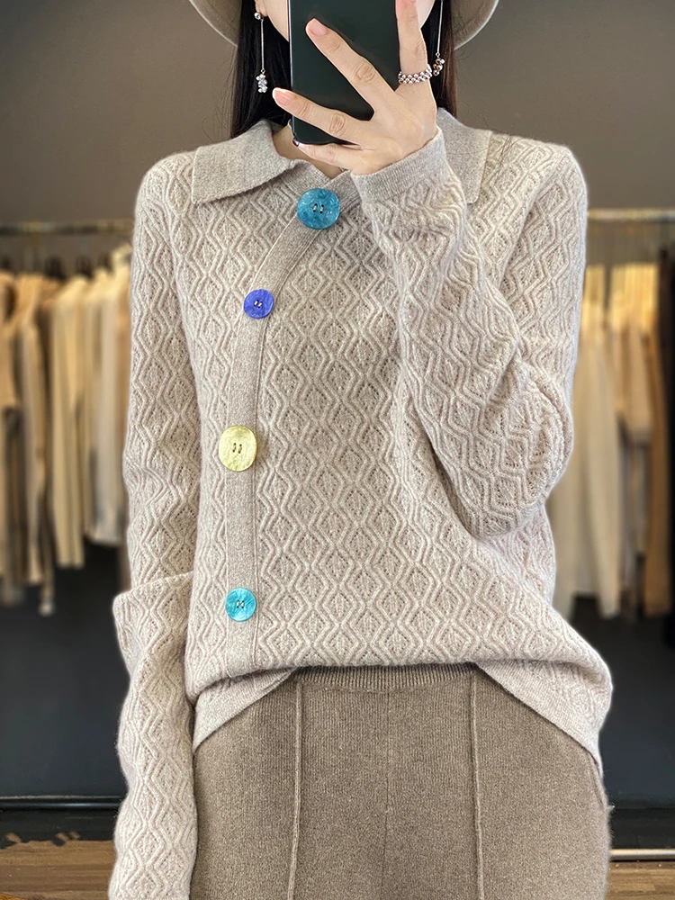 New Chic Spring Autumn Women Sweater 100% Merino Wool POLO-neck Cardigan Hook flower design Candy button Knitwear Korean Fashion