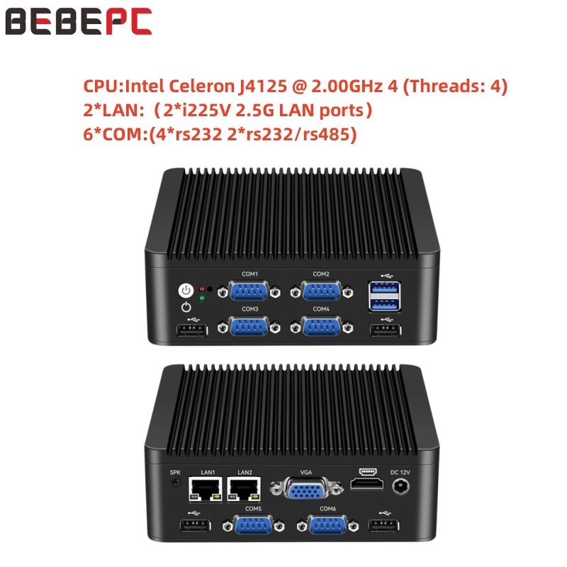 BEBEPC Mini komputer przemysłowy bez wentylatora Intel Celeron J4125 N5000 2LAN 6COM RS485/RS232 HDMI WiFi 4G LTE Windows 10/11 Linux komputer